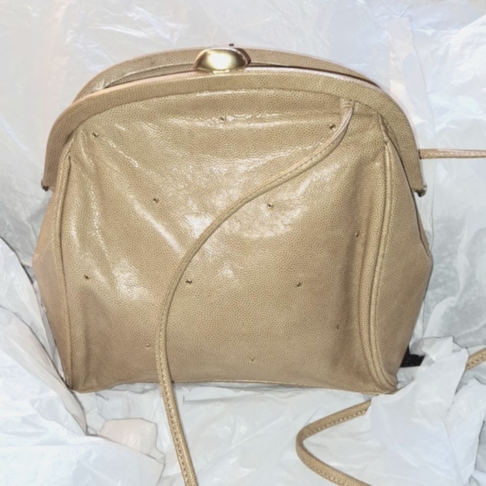 Vintage Albert Nipon Tan Leather Shoulder Bag. Goldtone Clasp and Mini Rivits